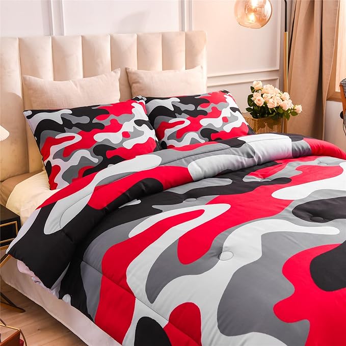 Meeting Story Camouflage Bedding Set, Colorful Pattern Style Comforter Set, 3 PCS One Comforter and Two Pillowcases in One Bag, All Season Bedspread for Boys Teens Adults (Black, Full)