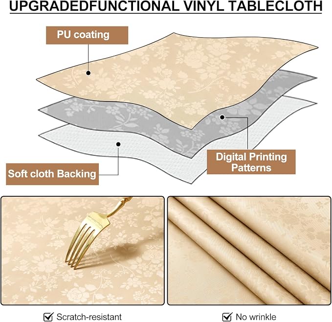 Smiry Rectangle Waterproof Heavy Duty Vinyl Tablecloths, 52 x 70 Inch | Wipeable Washable Floral Embossed Table Cover for Kitchen and Dining Room, Indoor & Outdoor Use, Champagne