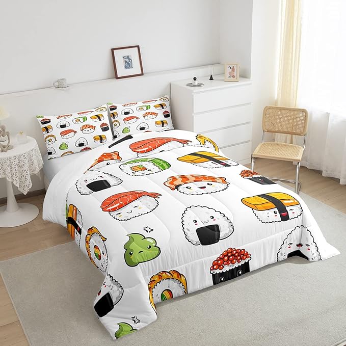 Sushi Pattern Comforter Set Japanese-Style Bedding Set for Kids Boys Girls Teens Food Theme Comforter Cute Cartoon Japanese Sushi Duvet Set Room Decor Quilt Set Full Size Microfiber