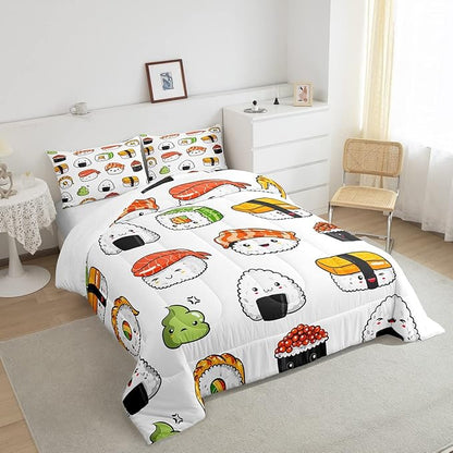 Sushi Pattern Comforter Set Japanese-Style Bedding Set for Kids Boys Girls Teens Food Theme Comforter Cute Cartoon Japanese Sushi Duvet Set Room Decor Quilt Set Twin Size Microfiber