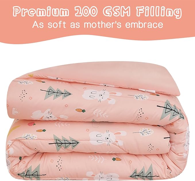 Pink Bunny Kids Comforter Set for Girls Full Size, Cute Reversible Quilted Printed Woodland Bedding Set with Pillow Sham, Lightweight Soft Breathable Machine Washable Bed Set 3 Piece