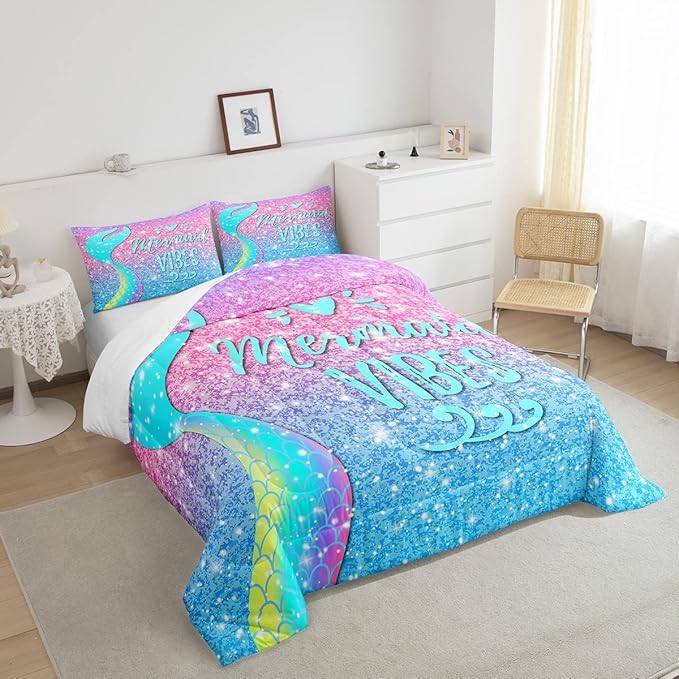 Girls Mermaid Tail Comforter Set Queen Kawaii Coastal Fish Scales Bedding Set Glitter Star Galaxy Comforter Blue Pink Pastel Ombre Set Princess Bed Set Ocean Animal Quilt Duvet 2 Pillowcases Teal