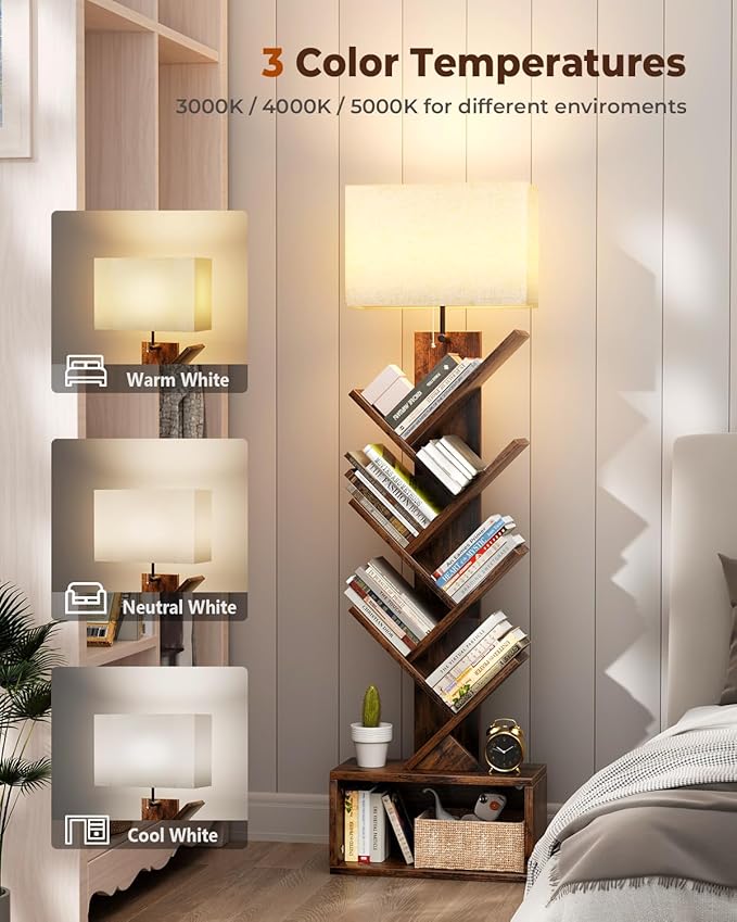 6 Tier Tree Bookshelf with Light, Small Bookcase Tower for Books/CDs/Movies, Sturdy Tall Floor Standing Book Organizer with Storage Cabinet for Living Room, Bedroom and Home Office