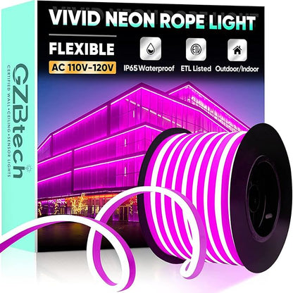 GZBtech Flexible LED Neon Rope Lights 66FT,AC 110-120V Waterproof Strip Light, 120 LEDs/M Cuttable Connectable Neon Lighting for Indoor Outdoor Home Decor/Commercial Building Use-Pink 20M