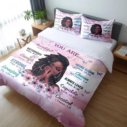 Kids Comforter Sets Queen Size, Prayer Girl and African American Girl Inspirational Quotes with Floral Butterfly, Teens Bedding Sets for Girls Women (Queen, Pink White)