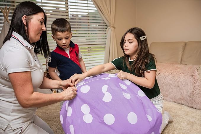 Wekapo Stuffed Animal Storage Bean Bag Chair Cover for Kids | Stuffable Zipper Beanbag for Organizing Children Plush Toys Large Premium Cotton Canvas (Purple Dot, X-Large)