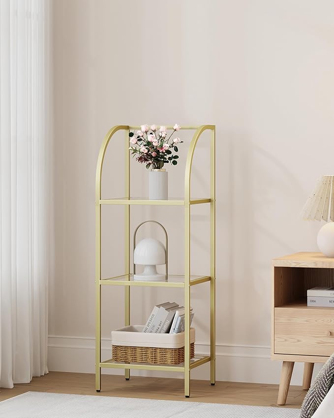 Bookcase Bookshelf, Tempered Glass Arched Bookshelf for More Storage, Slim Shelving Unit for Bedroom, Bathroom, Home Office, Steel Frame, 3 Tier Gold BC20399G