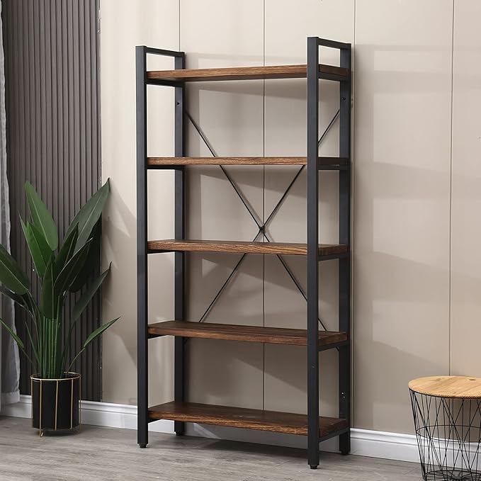 5 Tier Bookcase, Solid Rustic Industrial Etagere Bookcase, Metal and Wood Free Vintage Bookshelf, Retro Brown (Real Wood) (5-Tier)