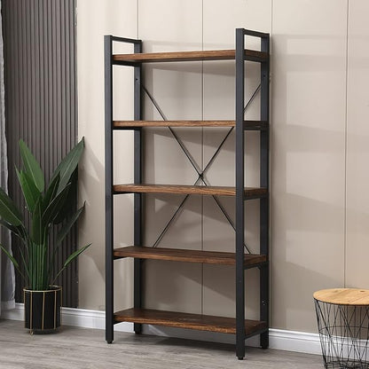 5 Tier Bookcase, Solid Rustic Industrial Etagere Bookcase, Metal and Wood Free Vintage Bookshelf, Retro Brown (Real Wood) (5-Tier)