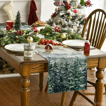 Artoid Mode Green Tree Snow Christmas Table Runner, Seasonal Winter Holiday Kitchen Dining Table Decoration for Home Party Decor 13x36 Inch