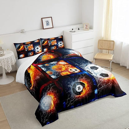 Sports Comforter Sets For Boys Queen,Teen Basketball Baseball Football Bedding Comforter Set For Men Volleyball Soccer Hockey Quilt Comforter,Red Blue Water And Fire Lightning Bed Duvet 2 Pillow Cases