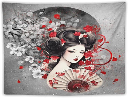 Japanese Geisha Tapestry Asian Red Cherry Blossom Red Sun Traditional Kimono Folk Tapestries Home Decor for Living Room Bedroom Apartment Farmhouse Dorm 60"x40"