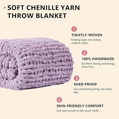 L Agusty Chunky Knit Blanket Throw: 72''x84'' Chenille Thick Knitted Throw Blanket for Bed, Couch - Handmade Large Purple Chunky Rope Blanket for Home Decor