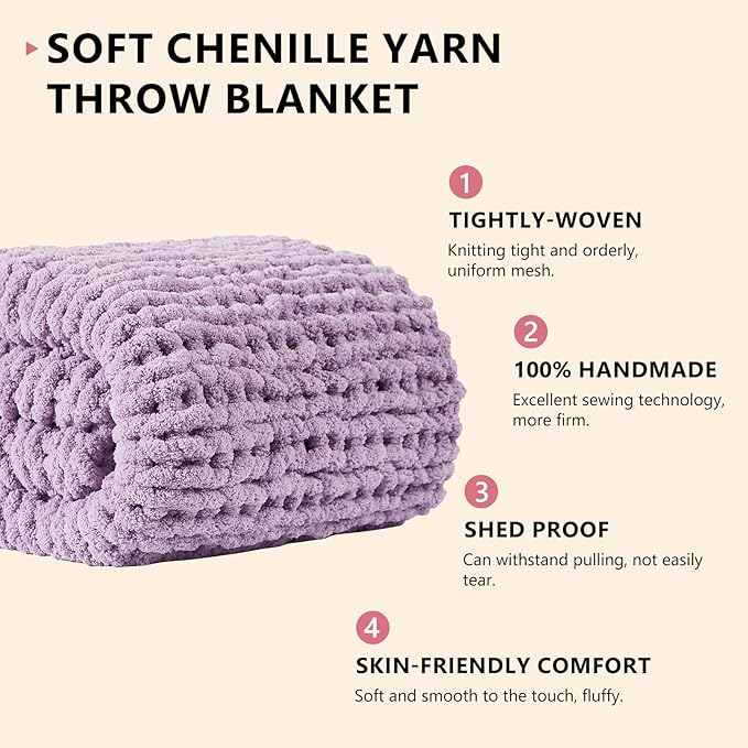 L'AGRATY Chunky Knit Blanket Throw: 80''x90'' Chenille Chunky Knitted Throw Blanket for Bed Couch - Handmade Thick Big Cable Knit Blanket - Large Chunky Crochet Rope Blanket for Home Decor(Purple)