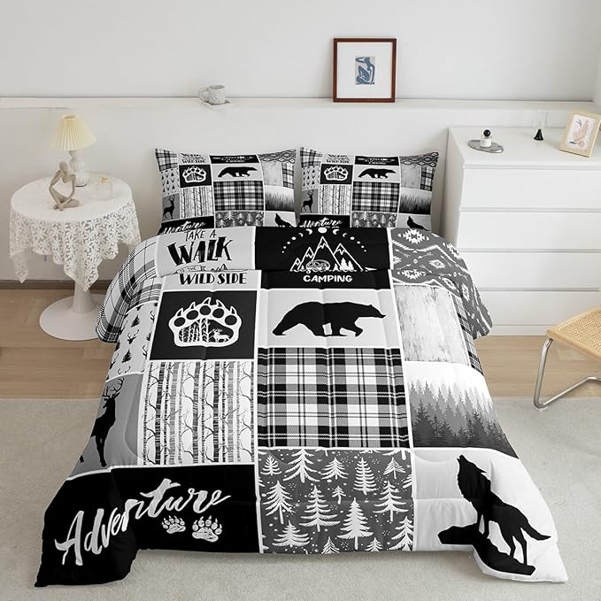 Manfei Deer Bear Comforter Set Twin Size,Pine Trees Christmas Bedding Set for Kids Boys Girls Adults Room Decor,Camping Adventure Rustic Farmhouse Down Comforter,Black Retro Duvet Insert,1 Pillowcase