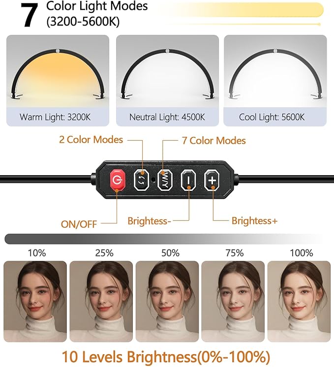yAyusi Half Moon Light for Nail Desk with Phone Holder, 29In 40W Nail Tech Light, Nail Table Lamp with Wire Controller & Remote, 7 Color Modes, 10 Brightness for Beauty/Eyelashes/Tattoos/Crafts