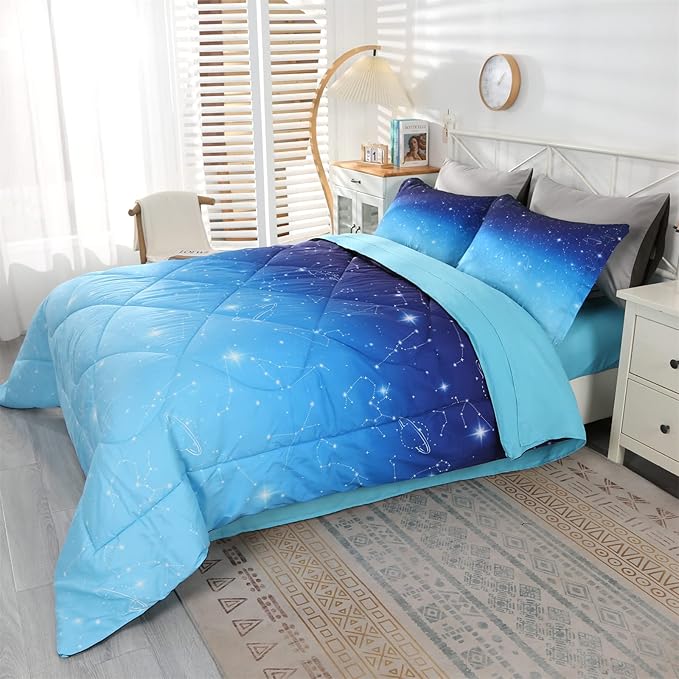 Wowelife Galaxy Comforter Set Queen 5 Pieces Glitter Bedding Set Blue 3D Stars Kids Bedding Set Bed in a Bag for Boys and Girls with Comforter, Flat Sheet, Fitted Sheet and 2 Pillowcases