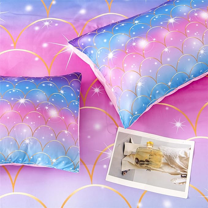 RYNGHIPY 6Pcs Teal Pink Sparkle Mermaid Comforter Sets Twin Size, 3D Rainbow Glitter Girls Bedding Sets, Ombre Pastel Fish Scale Bedding Collection Sets
