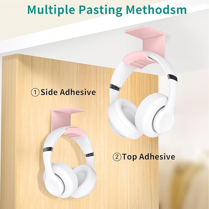 HomeMount Headphone Hook Under Desk - Headphone Holder Under Table, Adhesive Gaming Headphone Stand Hanger Desk Mount for Most Headphone(Pink-2P)