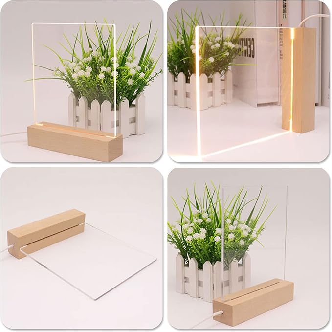 2Pcs 11.8" Rectangle Wooden Display Stand, Warm Light Wooden Lighted Base Wood Rectangle Led Display Pedestal Wood Night LED Light Lamp Base for Crystal Glass Resin Art