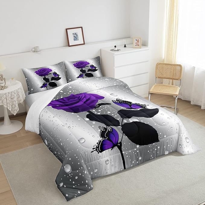 3D Rose Comforter Set Rose Floral Print Bedding Set Romantic Flowers Comforter for Kids Boys Girls Children Teens Bedroom Decor Purple Rose Butterfly Duvet Set Queen Size Quilt Set With 2 Pillow Case