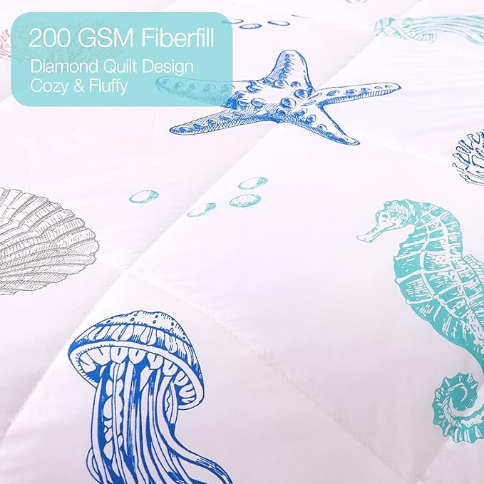 JSD Beach Theme 3 Piece Full Kids Comforter Set, Jellyfish Starfish Shell Printed Comforter with Pillow Sham, Soft Comfortable Machine Washable