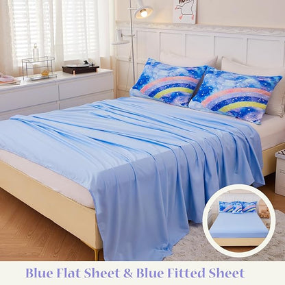 6Pcs Rainbow Bluey Girls Comforter Set Twin Gradient Glitter Bedding Sets Tie Dye Blue Girl Bed Set Soft Galaxy Kids Bed in A Bag with Sheets for All Season