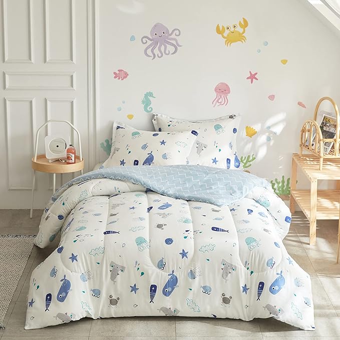 Joyreap 3pcs Premium Cotton Comforter Set for Kids Boys n Girls, Vibrant Ocean Theme Starfish Whale Crab Printed, Skin-friendly Breathable Bedding Comforter for All Season (Twin, 68x88 inches)
