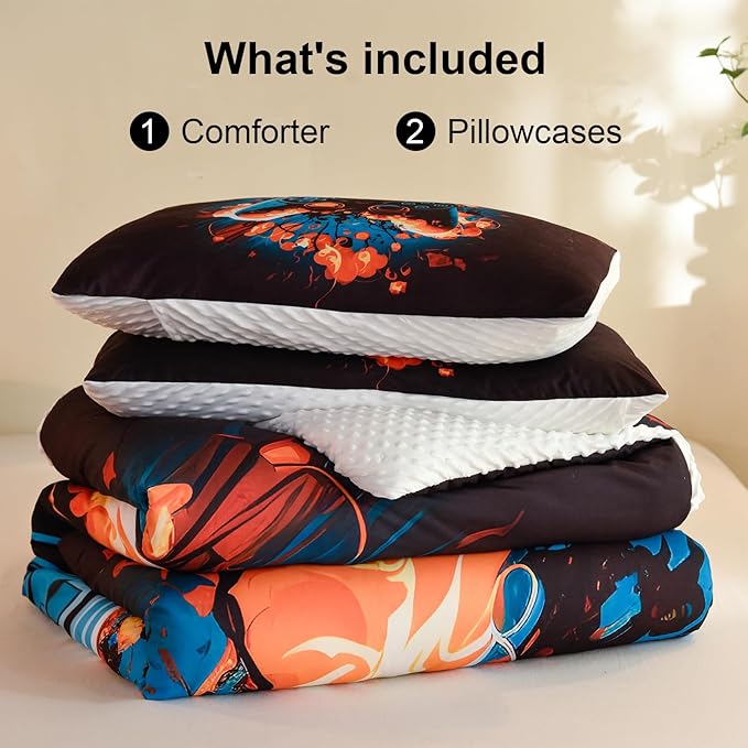 Video Game King Size Comforter Set for Boys Kids Teens Gamepad Gaming Controller and Fire Pattern Bedding Set- 3 Piece Quilt with 2 Pillowcases (104"x90")