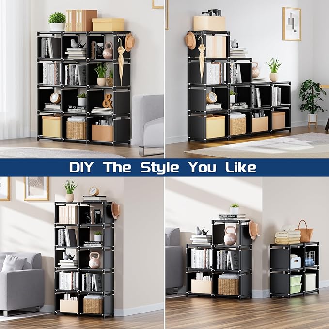 Mavivegue Book Shelf, 12 Cube Storage Organizer, DIY Bookcase, Metal Bookshelf,Tall Book case for Bedroom, Living Room,Office,Closet , Black Cubicle Rack