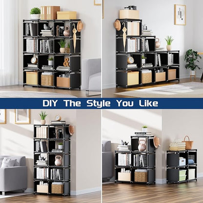 Mavivegue Book Shelf, 12 Cube Storage Organizer, DIY Bookcase, Metal Bookshelf,Tall Book case for Bedroom, Living Room,Office,Closet , Black Cubicle Rack