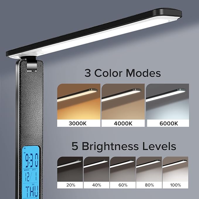 LAOPAO LED Desk Lamp with Wireless Charger, USB Charging Port, Adjustable & Foldable with Clock, Alarm, Date, Temperature, 5-Level Dimmable Lighting, for Office with Adapter