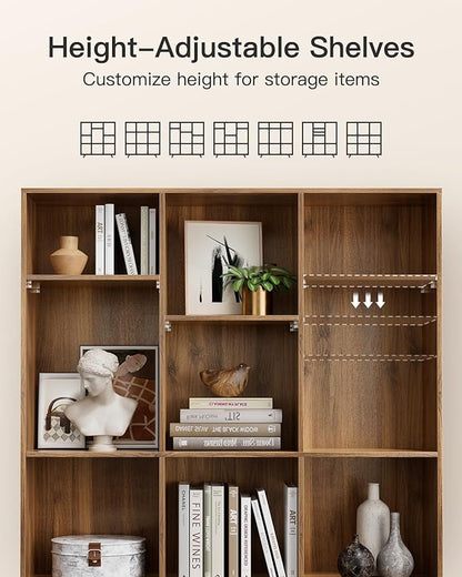 Pipishell 9-Cube Bookshelf, Bookcase with 3 Height-Adjustable Shelves and Solid Legs, Cube Storage Shelf, Modern Freestanding Open Bookshelf for Living Room, Bedroom (Walnut)