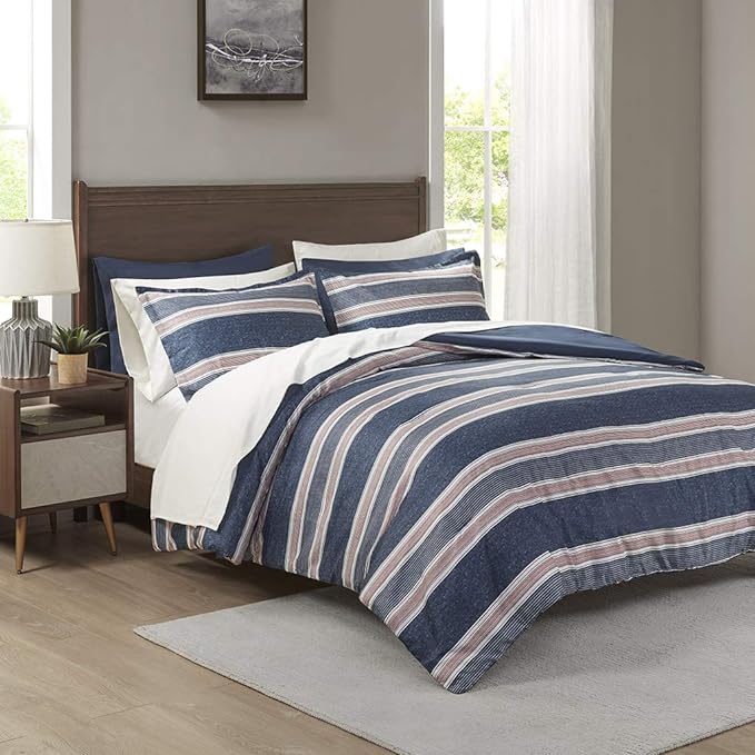 Comfort Spaces Bed in A Bag Comforter Set - College Dorm Room Essentials for Boys Men Bedding, Complete Dormitory Bedroom Pack And Sheet with 2 Side Pockets, Queen, Stripes Navy/Red