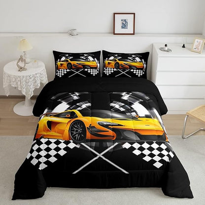 Yellow Race Car Comforter Set Queen Size, Black and White Grid Quilt Set Extreme Sport Games Bedding Comforters 3pcs for Kids Teens Boys Room Decor,Soft Modern Duvet Set with 2 Pillowcases