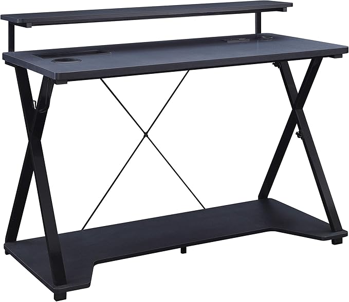 OSP Home Furnishings Checkpoint Ghost Battlestation Gaming Desk with RGB LED Lights, Black