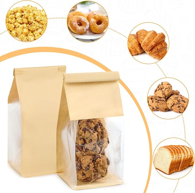 Ocmoiy Small Cookie Bags with Window, 3.9 x 3.5 x 9.5 Inches, 50 Pack | Tin Tie Tab Lock, Bakery Packaging Bag, Resealable Paper Pastry Bags, For Homemade Granola, Popcorn, Candies, Treat