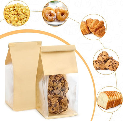 Ocmoiy Small Cookie Bags with Window, 3.9 x 3.5 x 9.5 Inches, 50 Pack | Tin Tie Tab Lock, Bakery Packaging Bag, Resealable Paper Pastry Bags, For Homemade Granola, Popcorn, Candies, Treat