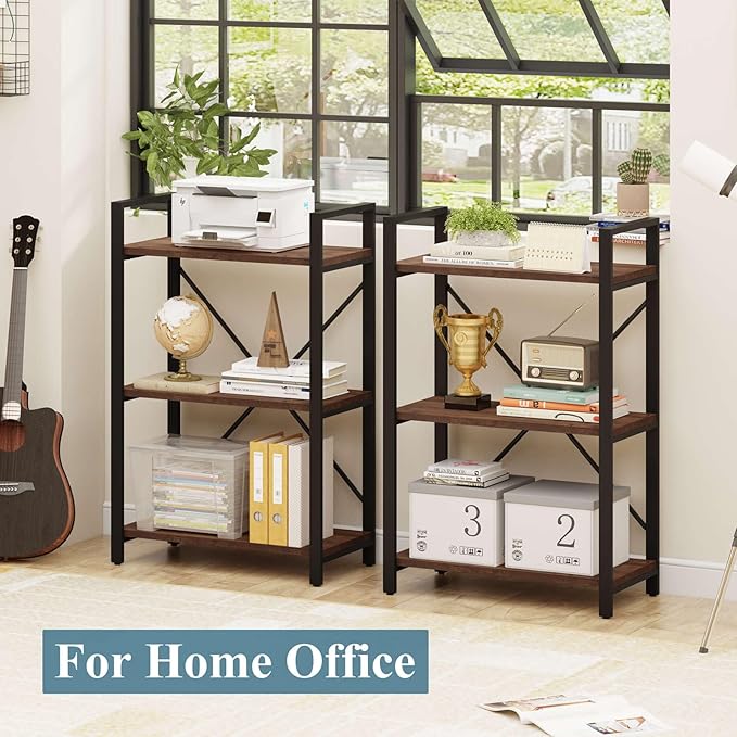 BON AUGURE 3 Tier Industrial Bookshelf, Office Small Open Book Shelf for Small Space, Short Wooden Etagere Bookcase (Rustic Oak)