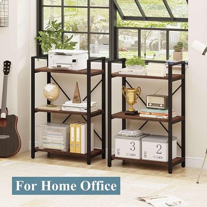 BON AUGURE 3 Tier Industrial Bookshelf, Office Small Open Book Shelf for Small Space, Short Wooden Etagere Bookcase (Rustic Oak)