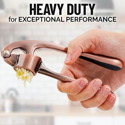 Zulay Kitchen Premium Garlic Press Set - Rust Proof Professional Garlic Mincer Tool - Easy-Squeeze, Easy-Clean with Soft, Ergonomic Handle - Silicone Garlic Peeler & Brush (Copper)