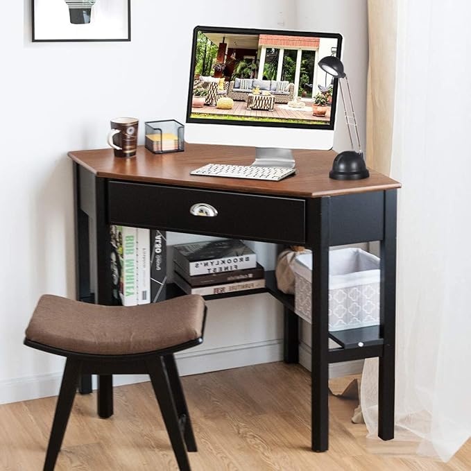 Nightcore Small, Wood Computer Desk, Compact Writing w/Drawer & Storage Shelves, Space Saving Study Workstation, Laptop PC Corner Table, Coffee