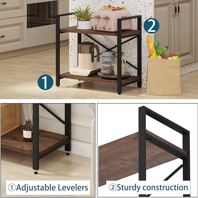 BON AUGURE Small Short Bookshelf, Wood 2 Shelf Etagere Bookcase, Metal Low Book Shelf for Small Spaces Living Room, Bedroom, Office (Rustic Oak)