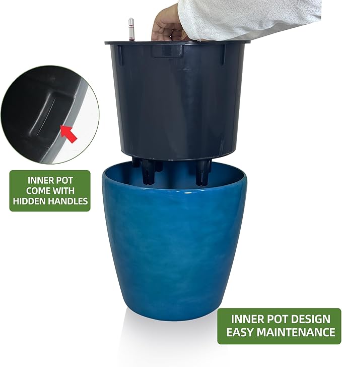 Dexceder 15x14 Self Watering Planter with Wheels Indoor Outdoor, Inner Pot Design, Thickened Large Floor Standing Flower Plant Pot with Water Level Indicator (Peacock Blue Gradient)