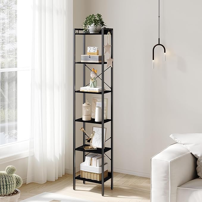 Bookshelf, Book Shelf, Industrial Bookcase with 2 Hooks, Coner Shelf Storage Organizer for Home Office, Living Room, Bedroom, Kitchen, 6-Tier Black BC10704B