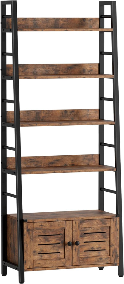 IRONCK Bookshelf with Louvered Doors, 4-tier Ladder Shelf with Cabinet Industrial Accent Furniture for Bedroom Living Room Home Office, Rustic Brown