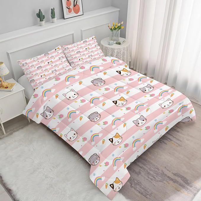 Cat Bedding Twin Size Pink Plaid Rainbow Comforter Set for Girls Kids Children Cloud Cute Kawaii Boho Bedroom Dorm Quilt 1 Comforter + 1 Pillow Case