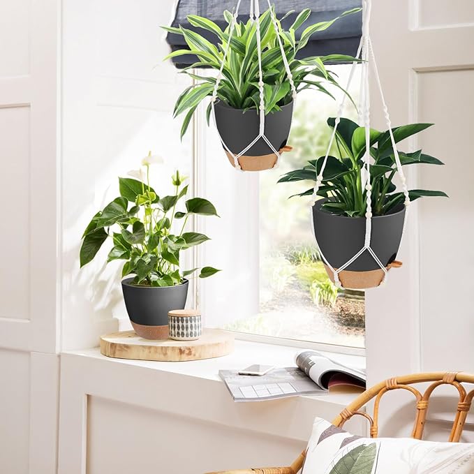 41.5 Inch Macrame Plant Hanger Indoor Outdoor with 12 Inch Flower Pot, Hanging Planter for Plants Holder with Wood Beads for Boho Home Decor (Ivory+Black)