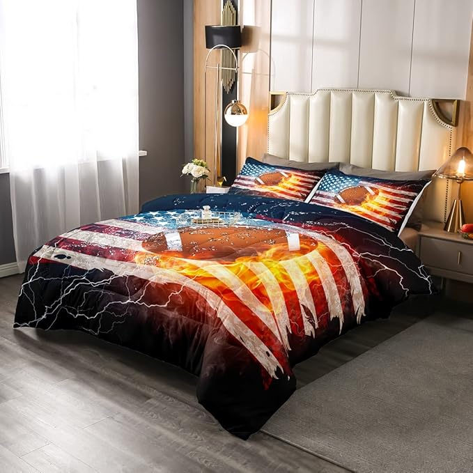 Boys American Football Comforter Set, United States Flag Down Comforter Full Size, Soccer Sports Games Bedding Set for Kids Teens Adult Men, Geometric Stripes Retro Duvet Sets, Blue White and Red