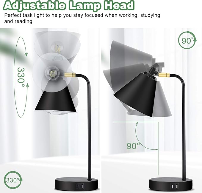 Industrial 3 Way Dimmable Touch Control Desk Lamp with 2 USB Ports & AC Outlet Bedside Nightstand Reading Lamp Flexible Head Farmhouse Black Table Lamp for Office Bedroom Living Room Bulb Included